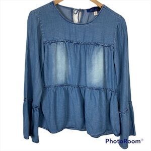 BLUE RAIN Chambray Tiered Ruffle Bell Sleeve Peasant Blouse Top Tie Back Small